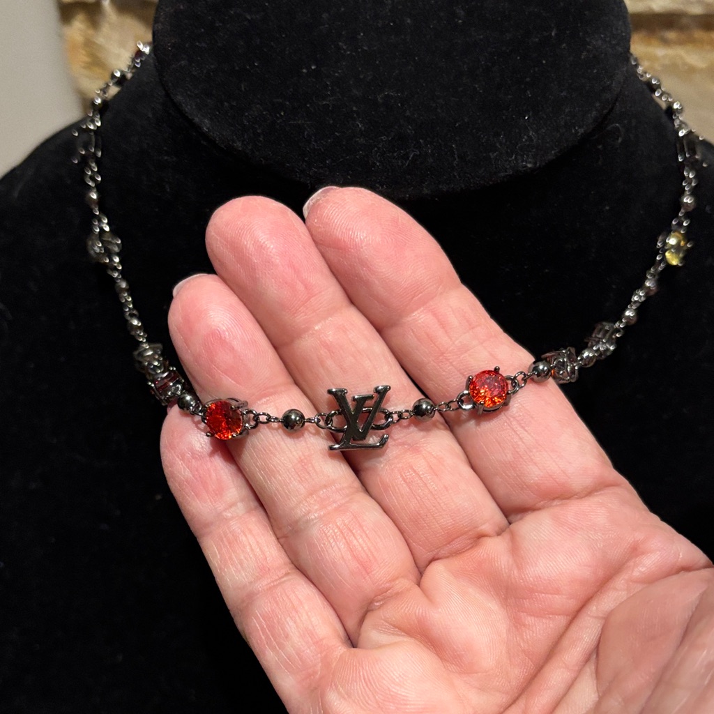 Gorgeous Gun Metal Red, Orange And Yellow Beaded Lv Necklace